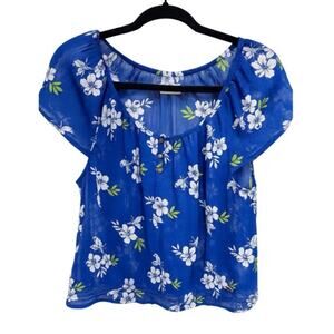 Vintage Y2K Hollister Blue Hibiscus Floral Sheer Peasant Boho Surf Top Medium